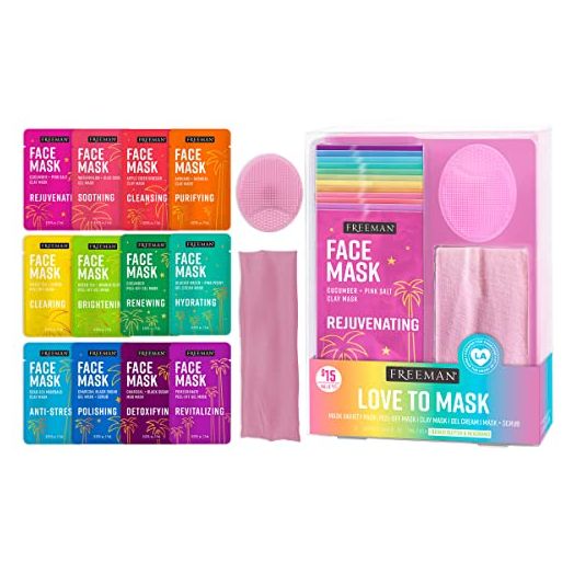 Freeman Facial Love To Mask Variety Pack: Oil Absorbing Clay, Detoxifying Charcoal, Clearing Peel Off, Hydrating Gel Cream, Exfoliating Scrub (14 Piece Kit with Bonus Buffer and Headband)