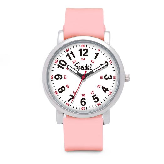 Speidel Original Scrub Watch™ Nurses Doctors Medical Professionals Students Men Women Unisex Easy Read Dial Military Time Red Second Hand Silicone Band Water Resistant-Light Pink