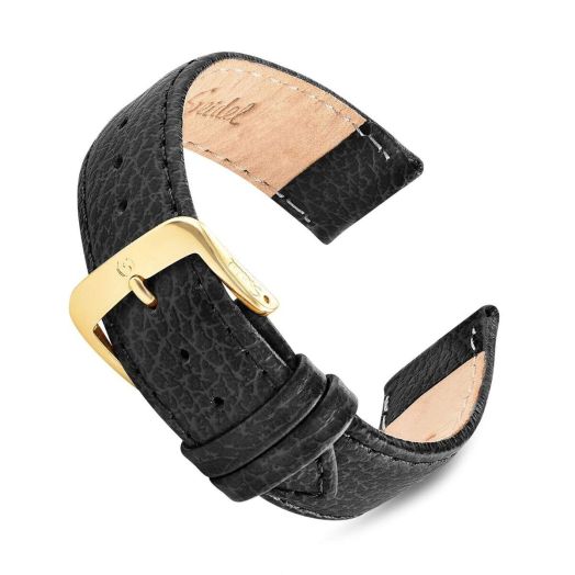 Speidel Leather Watch Band Black Cowhide Stitched Replacement Strap with Tone on Tone Stitching, Stainless Steel Metal Buckle Clasp, Watchband 19mm-XL, Black w/Silver Buckle