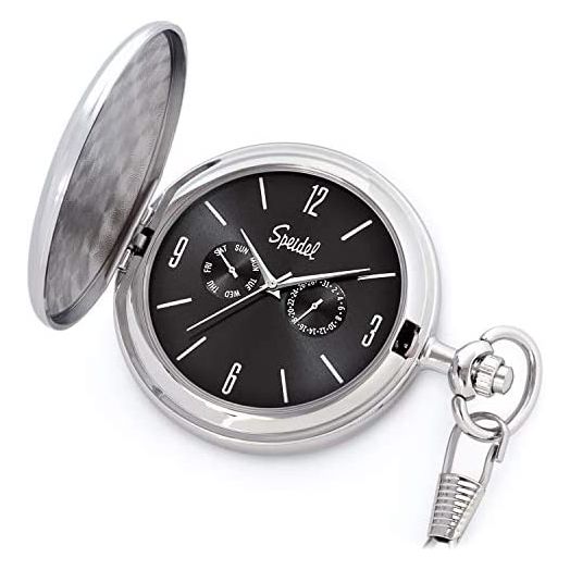 Speidel Classic Brushed Satin Engravable Pocket Watch with 14" Chain, Seconds Hand, Day and Date Sub-Dials with Custom Engravable Options
