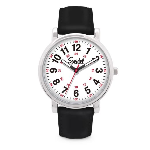 Speidel Scrub Watch for Medical Professionals with Black Genuine Leather Band - Easy to Read Timepiece with Red Second Hand, Military Time for Nurses, Doctors, Surgeons, EMT Workers Students and More