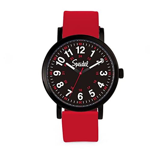 Speidel Original Scrub Watch™ Nurses Doctors Medical Professionals Students Men Women Unisex Easy Read Dial Military Time Red Second Hand Silicone Band Water Resistant Black CASE and DIAL/RED Band