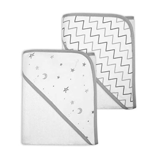 TL Care Terry 2 Pack Hooded Towels Made with Organic Cotton, Grey Stars/Grey Zigzag, for Boys and Girls
