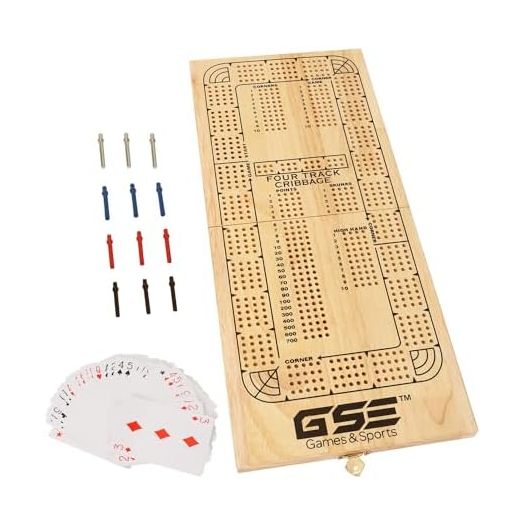 GSE 4-Track Wooden Folding Cribbage Board with Playing Card, Metal Pegs and Storage Area, Portable Continuous Cribbage Board Game Set with Numerical Notations for Family Games