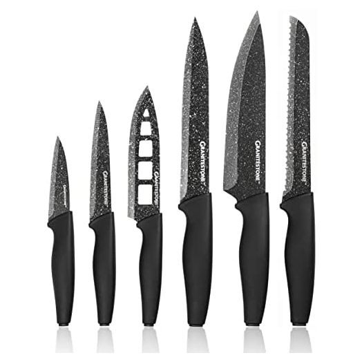 Nutriblade 6 PC Knife Set by Granitestone, Professional Kitchen Chef’s Knives with Ultra Sharp Stainless Steel Blades and Nonstick Granite Coating, Easy-Grip Handle, Rust-proof, Dishwasher-safe, Black