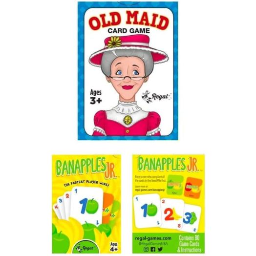 Regal Games - Old Maid & Banapples Jr. Card Games Set - Fun, Family-Friendly Card Games - Matching & Sorting - Ideal for 2-4 Players Ages 4+ - Includes 80 Game Cards, Instructions - 2 Pack