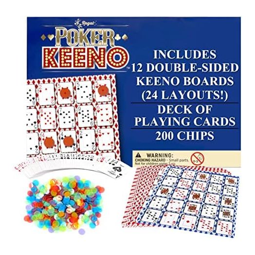 Regal Games - Poker Keeno Bulk Game Set - Includes 12 Two-Sided Boards, 200 Scoring Chips, 1 Deck of Standard Poker Cards - 24 Unique Board Layouts- Casino Night Card Game- Compatible with Poker Keno