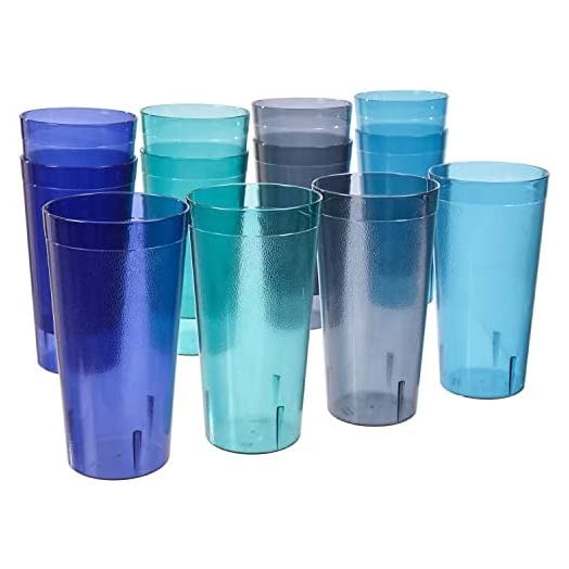 US Acrylic Café 32 ounce Plastic Restaurant Style Stackable Iced Tea Tumblers in 4 Coastal Colors, Value Set of 12 Drinking Cups, Reusable, BPA-free, Made in the USA, Top-rack Dishwasher Safe