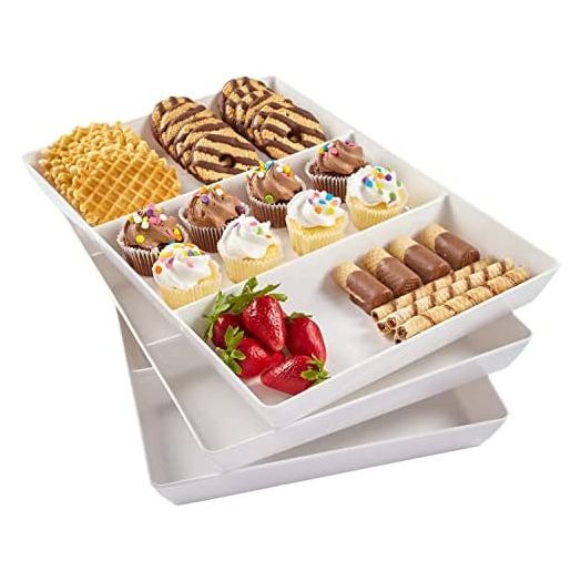 US Acrylic Avant 15" x 10" Plastic 3-Section Stackable Serving Tray in White | Set of 3 Appetizer, Charcuterie, Food, Snack, Dessert Platters | Reusable, BPA-free, Made in the USA
