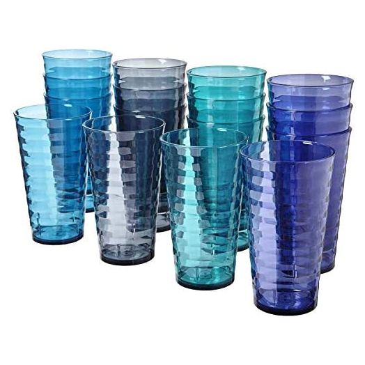 US Acrylic Splash 18 ounce Plastic Stackable Water Tumblers in 4 Coastal Colors | Value Set of 16 Drinking Cups | Reusable, BPA-free, Made in the USA, Top-rack Dishwasher Safe