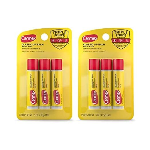 Carmex Medicated Lip Balm Sticks, Lip Moisturizer for Dry, Chapped Lips, 0.15 OZ - 3 Count (2 Pack)