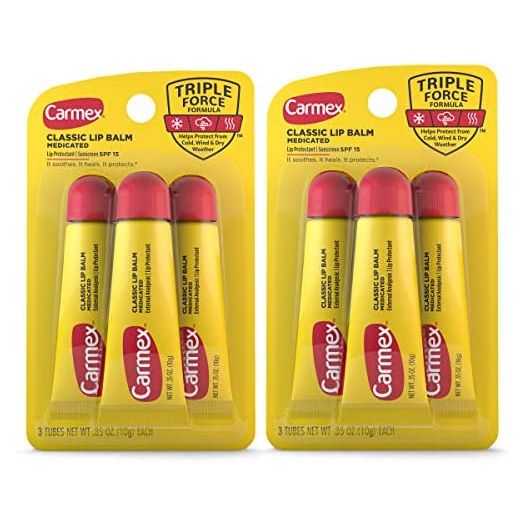 Carmex Medicated Lip Balm Tubes, Lip Moisturizer for Dry, Chapped Lips, 0.35 OZ - 3 Count (Pack of 2)