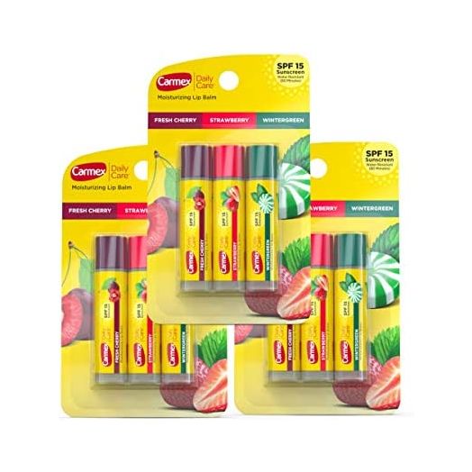 Carmex Daily Care Moisturizing Lip Balm Sticks with SPF, Fresh Cherry, Strawberry and Wintergreen Lip Balm Pack, 0.15 OZ - 3 Count (Pack of 3)