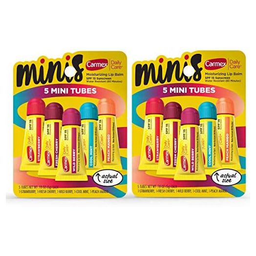 Carmex Daily Care Minis Moisturizing Lip Balm Tubes with SPF 15, Strawberry, Cool Mint, Wild Berry, Peach Mango and Fresh Cherry Lip Balm Pack - 0.18 OZ Each, 5 Count (Pack of 2)