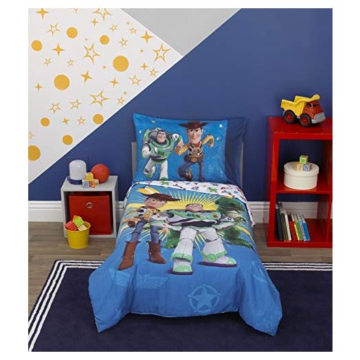 Disney Toy Story 4 - Blue, Green, Yellow Toys in Action 4Piece Toddler Bed Set - Comforter, Flat Top Sheet, Fitted Bottom Sheet, Reversible Pillowcase, Blue, Green, Yellow,