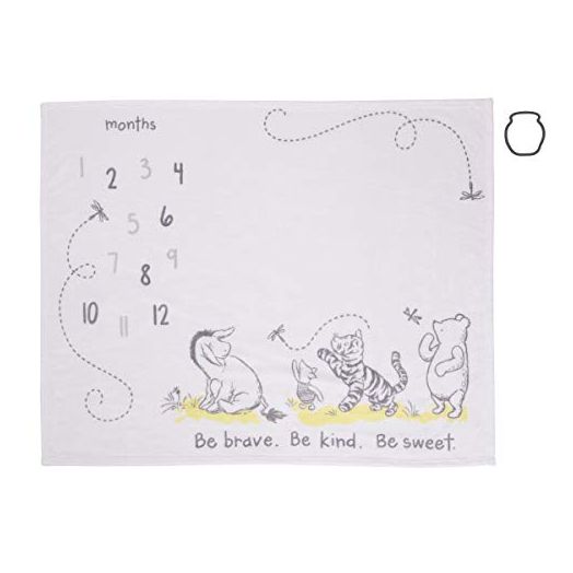 Disney Classic Winnie The Pooh, White, Grey & Lime Super Soft Milestone Baby Blanket, White, Grey, Lime, Charcoal