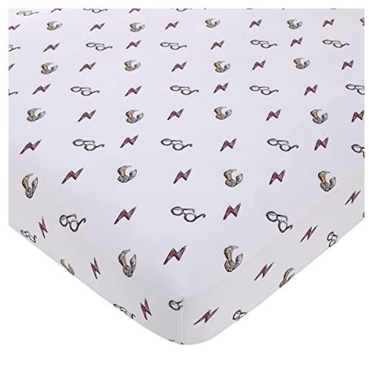 Warner Brothers Harry Potter White, Red, and Gold Lightning Bolt, Golden Snitch, and Glasses Nursery Fitted Crib Sheet