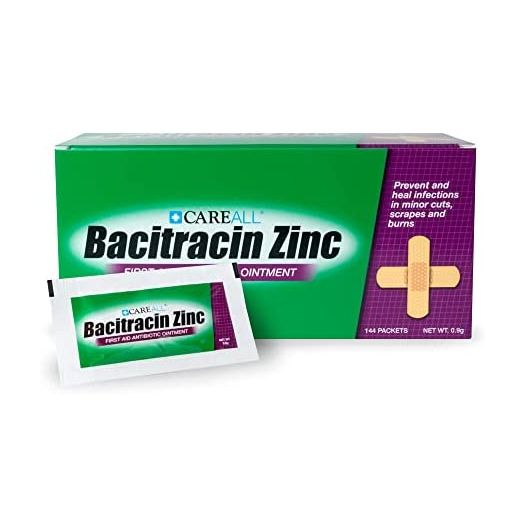 (144 Pack) CareALL Bacitracin Antibiotic Zinc Ointment 0.9gr Foil Packet. First Aid Ointment to Prevent and heal infections for Minor cuts, scrapes and Burns.