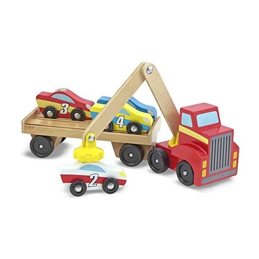 Melissa & Doug Magnetic Car Loader Wooden Toy Set With 4 Cars and 1 Semi-Trailer Truck
