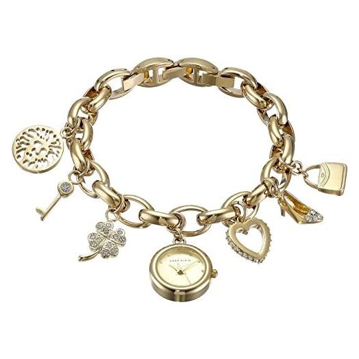 Anne Klein Women's Premium Crystal Accented Gold-Tone Charm Bracelet Watch, 10/7604CHRM