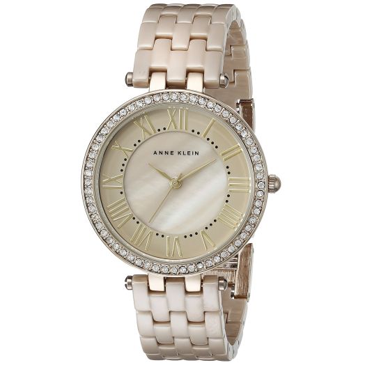 Anne Klein Women's AK/2130TNGB Premium Crystal Accented Gold-Tone and Tan Ceramic Bracelet Watch