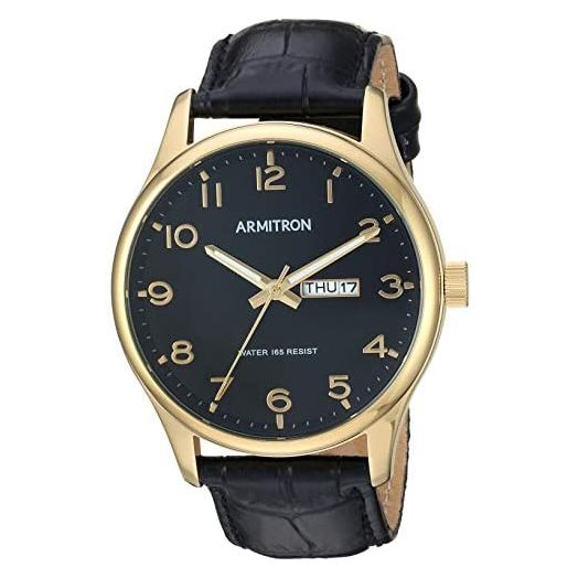 Armitron Men's Easy to Read Day/Date Function Gold-Tone and Black Leather Strap Watch, 20/5355BKGPBK