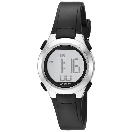 Amazon Essentials Women's Digital Chronograph Silver-Tone and Black Resin Strap Watch