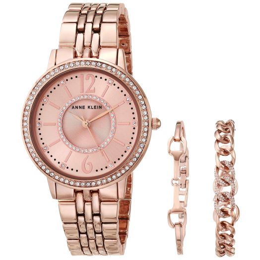 Anne Klein Women's Premium Crystal Accented Rose Gold-Tone Watch and Bracelet Set, AK/3838RGST