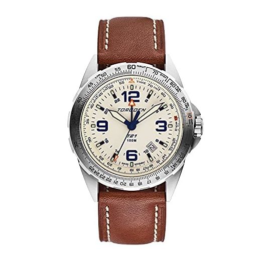 Torgoen T21 GMT Pilot Watch for Men, Swiss Quartz, Sapphire Crystal with Vintage Leather Strap