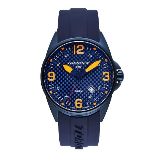 Torgoen T10 Blue Carbon Pilot Watch for Men, Swiss Quartz, Sapphire Crystal with Blue Silicone Strap and Orange Digits