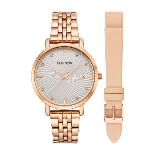 Armitron Women's Genuine Crystal Accented Date Function Bracelet Watch with Interchangeable Leather Strap, 75/5835