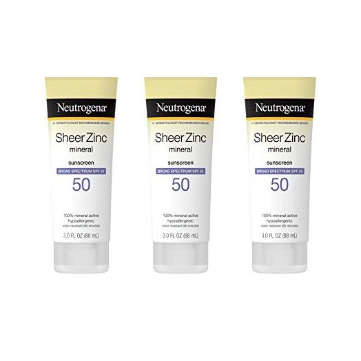 Neutrogena Sheer Zinc Oxide Dry-Touch Mineral Sunscreen Lotion, Broad Spectrum SPF 50 UVA/UVB Protection, Water-Resistant, Hypoallergenic and Non-Greasy, Paraben-Free, 3 fl. oz, Pack of 3 | Neutrogena