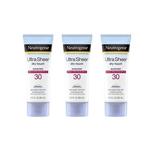 Neutrogena Ultra Sheer Dry-Touch Sunscreen Lotion, Broad Spectrum SPF 30 UVA/UVB Protection, Oxybenzone-Free, Water Resistant, Non-Comedogenic, Non-Greasy, Travel Size, 3 Fl Oz, Pack of 3