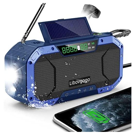 Emergency Radio Waterproof Bluetooth Speaker,Portable Digital AM FM Radio with Flashlight,Reading Lamp,Hand Crank NOAA Weather Radio with Solar Panel,5000mAH Cell Phone Charger,Emergency Survival Kit