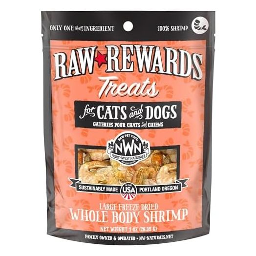 Northwest Naturals Raw Rewards Freeze-Dried Shrimp Treats for Dogs and Cats - Bite-Sized Pieces - Healthy, 1 Ingredient, Human Grade Pet Food, All Natural - 1 Oz (Packaging May Vary)