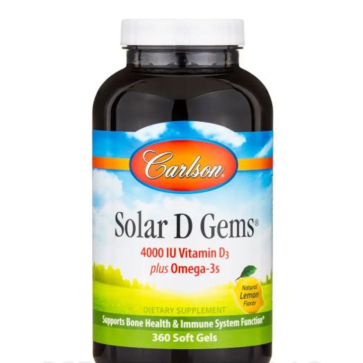 Carlson Labs Solar D Gems 4000 IU (100 mcg) Vitamin D3 plus Omega-3s, Natural Lemon Flavor - 360 Soft Gels
