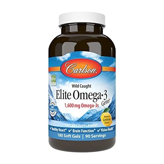 Carlson - Elite Omega-3 Gems, 1600 mg Omega-3s, Heart, Brain & Vision Support, Wild Caught, Orange, 180 soft gels