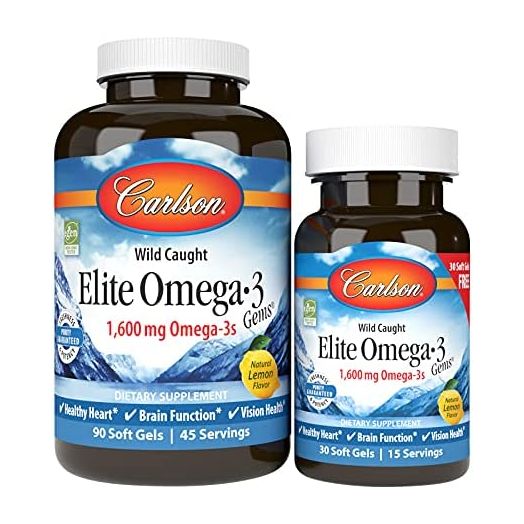 Carlson - Elite Omega-3 Gems, 1600 mg Omega-3 Fatty Acids Including EPA and DHA, Norwegian, Wild-Caught Fish Oil Supplement, Sustainably Sourced Omega 3 Fish Oil Capsules, Lemon, 90+30 Softgels