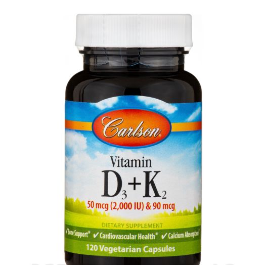 Carlson Labs Vitamin D3 + K2 (50 mcg & 90 mcg) - 120 Capsules