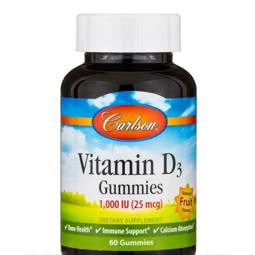 Carlson Labs Vitamin D3 Gummies 1000 IU (25 mcg), Natural Fruit Flavors - 60 Gummies
