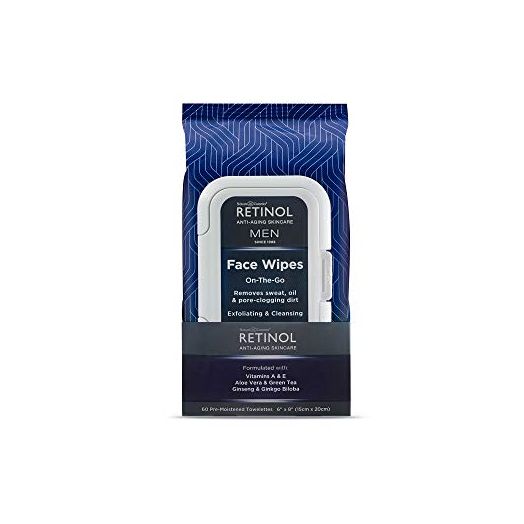 Retinol Men Facial Wipes Anti-Aging Cleansing Towelettes - Quickly cleanse face from sweat, oil and pore-clogging dirt without any heavy residue