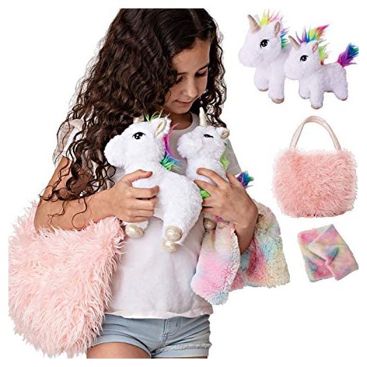 Unicorn Gift for Girls 4 Pcs Set. Baby and Mommy Unicorn Toy, XL Furry Bag and Baby Doll Blanket. Adorable Plush Toy for 3 4 5 Year Old Girl, Unicorn Gift for Little Girl. Birthday, Christmas Age 2-8