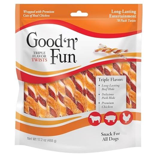 Good 'n' Fun Triple Flavor Twist Rawhide Treats for Dogs, 70 Count