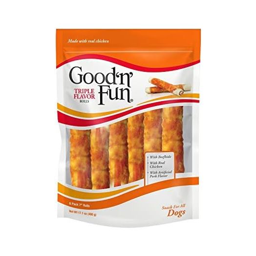 Good'n'Fun Triple Flavor 7 inch Rolls, Chews for Dogs, 6 Count (Pack of 1)