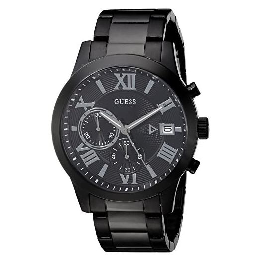 GUESS Stainless Steel Black Ionic Plated Chronograph Bracelet Watch with Date. Color: Black (Model: U0668G5)
