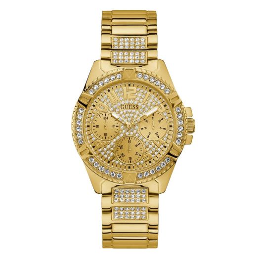 GUESS Gold-Tone Stainless Steel Crystal Watch with Day, Date + 24 Hour Military/Int'l Time. Color: Gold-Tone (Model: U1156L2)