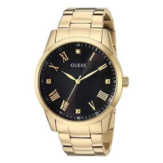 GUESS Gold-Tone Stainless Steel Bracelet Watch with Black Genuine Diamond Dial + Gold-Tone Roman Numerals. Color: Rose Gold-Tone (Model U1194G3)