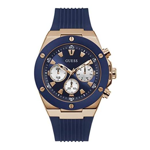 GUESS Men's Stainless Steel Analog Quartz Watch with Silicone Strap, Blue, 22 (Model: GW0057G2),Blue/Rose Gold-Tone