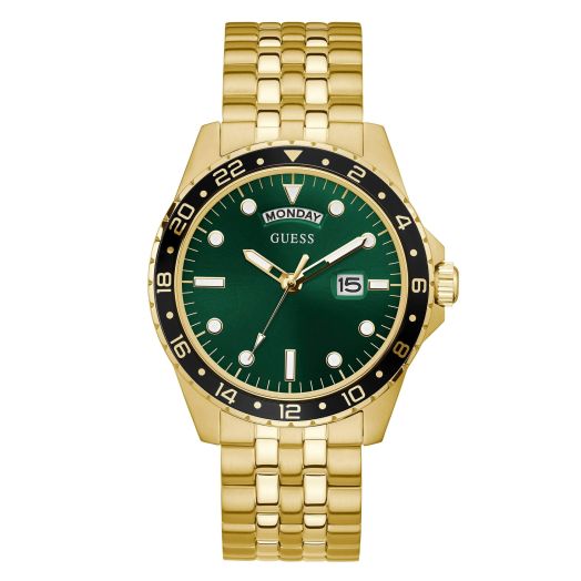 GUESS Men's Dress Day-Date 44mm Watch – Black Dial with Gold-Tone Stainless Steel Case & Bracelet