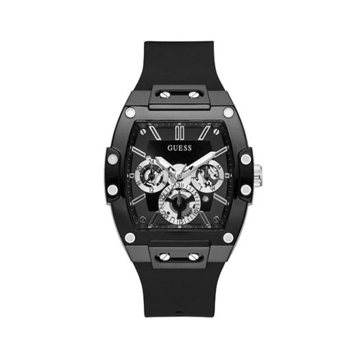 GUESS Men's Trend Multifunction 43mm Watch – Black Dial with Black Matte Polycarbonate Case & Silicone Strap